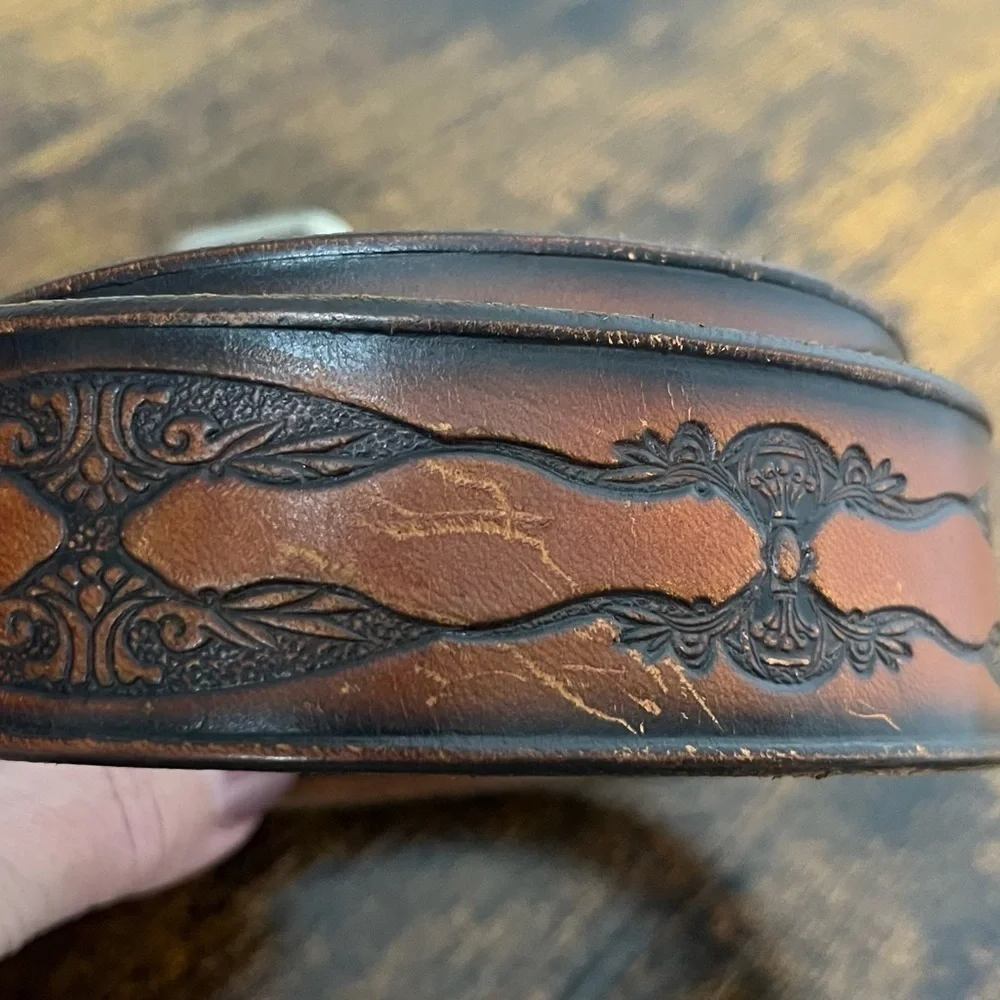 Brown tooled leather belt, unisex, approximately 34” see measurements in photos.